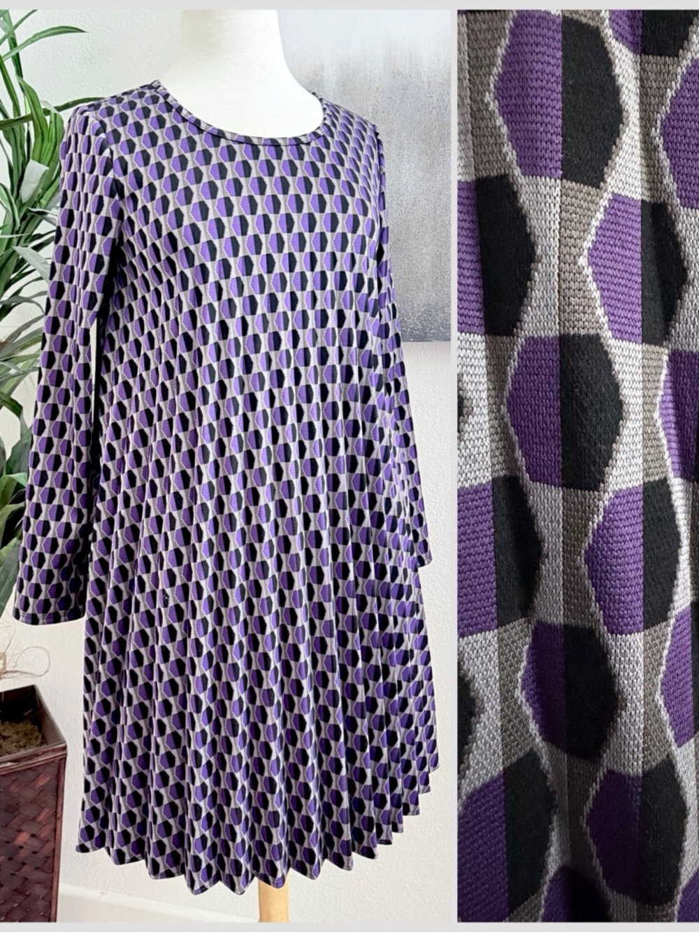 Joseph Ribkoff Purple and Black Geometric Pleated Swing Dress